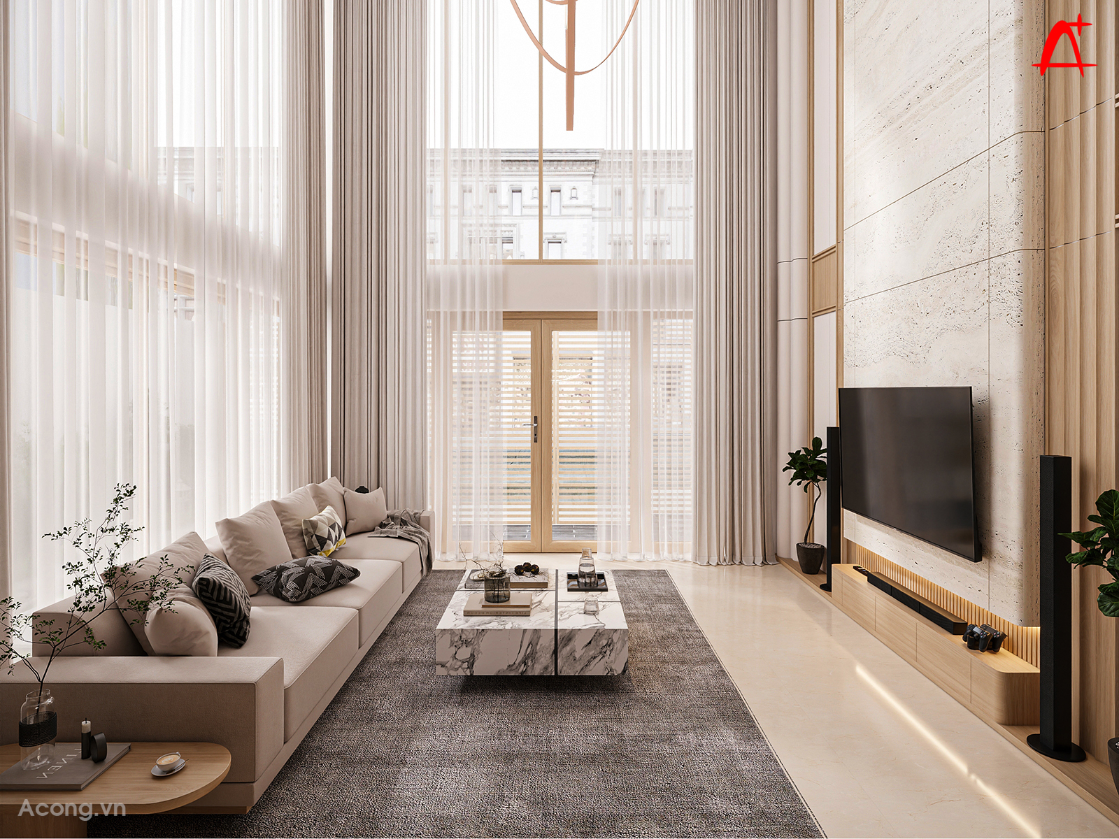 Không gian phòng khách liên thông, trần cao kết hợp thông tầng giúp tăng chiều cao và độ thoáng cho nhà ống.